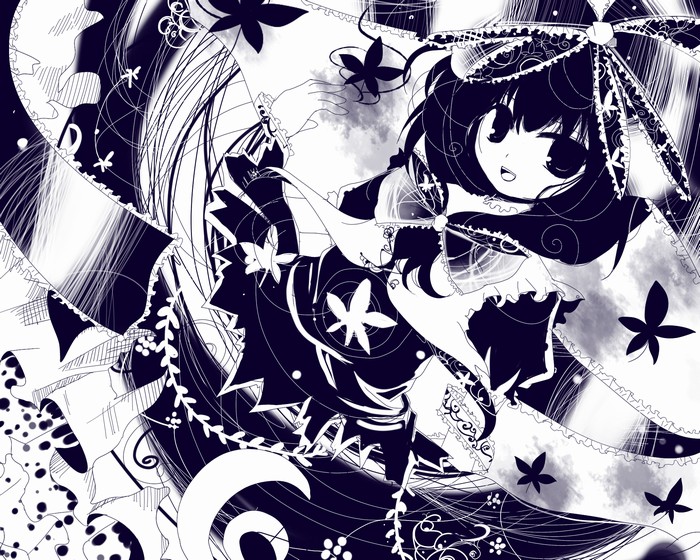 kazu (muchuukai), kagiyama hina, touhou, bad id, bad pixiv id, 1girl, blue theme, female focus, front ponytail, leaf, long hair, monochrome, ribbon, solo