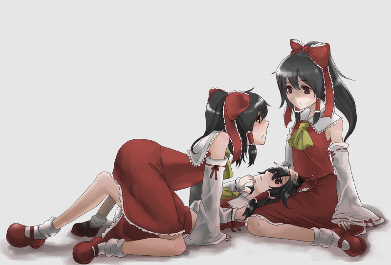 ituka, notsuki miko, hakurei reimu, touhou, 3girls, clone, detached sleeves, female focus, hair ribbon, japanese clothes, lap pillow, mary janes, miko, multiple girls, ribbon, selfcest, shoes, socks, time paradox, yuri