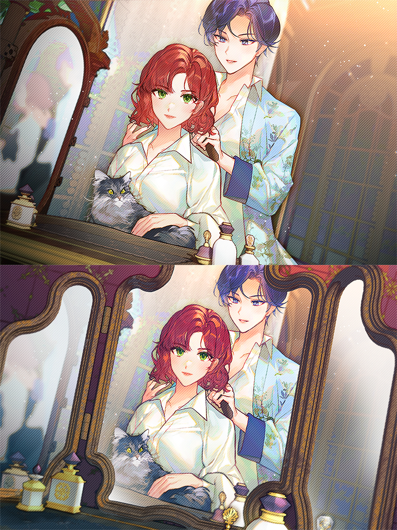 bamcream, original, commentary, commission, english commentary, 2girls, animal, black cat, blue eyes, blue hair, blue jacket, cat, closed mouth, collared shirt, green eyes, jacket, long hair, long sleeves, mirror, multiple girls, multiple views, open clothes, open jacket, parted bangs, parted lips, red hair, shirt, short hair, upper body, white shirt