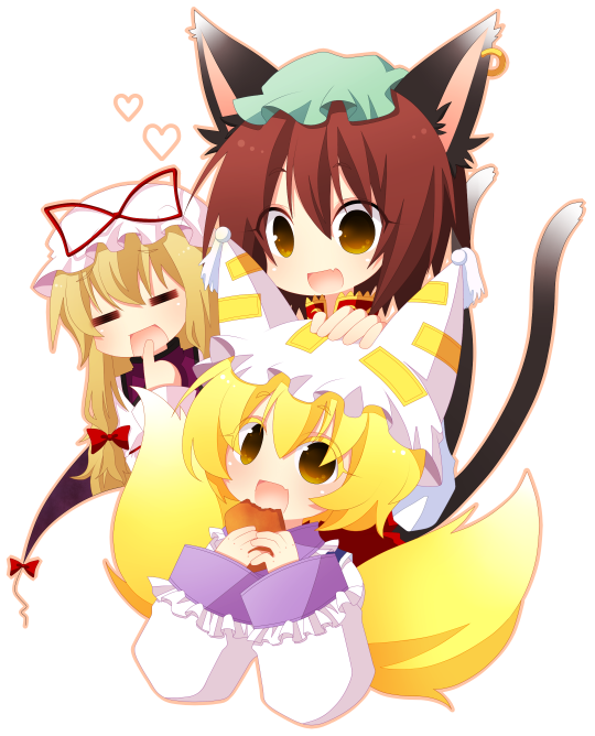 kiri futoshi, chen, yakumo ran, yakumo yukari, touhou, bad id, bad pixiv id, 3girls, aburaage, animal ears, animal hat, blonde hair, brown hair, cat ears, cat girl, cat tail, chibi, earrings, female focus, food, fox ears, fox tail, gap (touhou), hat, headpat, heart, jewelry, long hair, long sleeves, mob cap, multiple girls, ribbon, short hair, tail, tassel, tofu, white background, wide sleeves