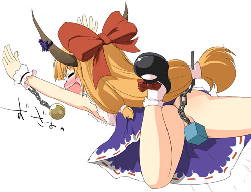 kotatsu (kotatsu3), ibuki suika, touhou, bad id, bad pixiv id, lowres, 1girl, arms up, bobby socks, bow, brown hair, censored, chain, convenient censoring, dress, drunk, female focus, hair bow, hair ribbon, horns, loli, long hair, mary janes, no panties, orange hair, outstretched arms, ribbon, shoes, socks, solo