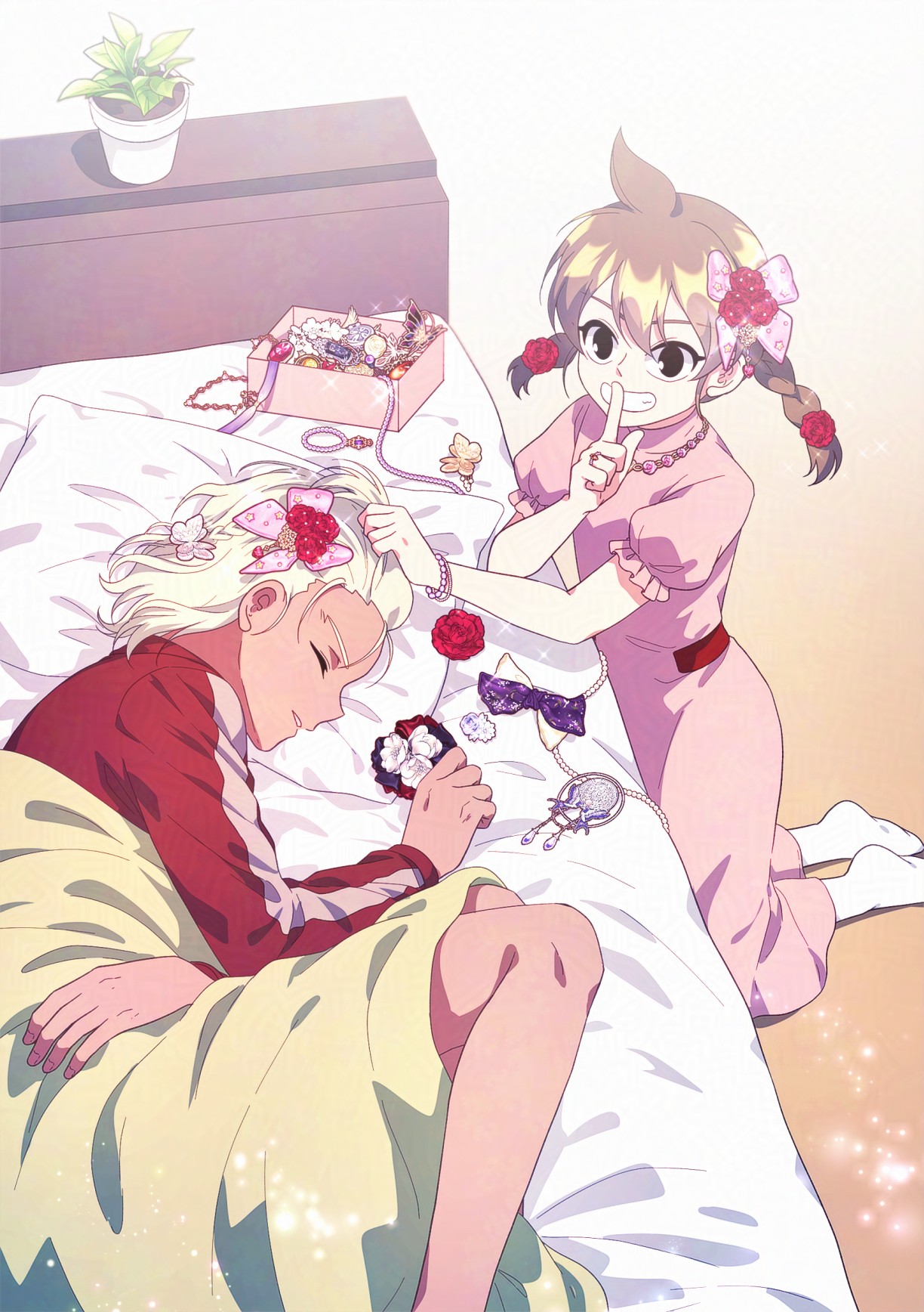 gouenji shuuya, gouenji yuuka, inazuma eleven, inazuma eleven (series), highres, 1boy, 1girl, ahoge, bed, black eyes, blonde hair, braid, brother and sister, brown hair, closed eyes, dress, finger to mouth, gguck, hair ornament, jacket, lying, on bed, on side, pink dress, red jacket, shushing, siblings, sleeping, socks, twin braids, white socks