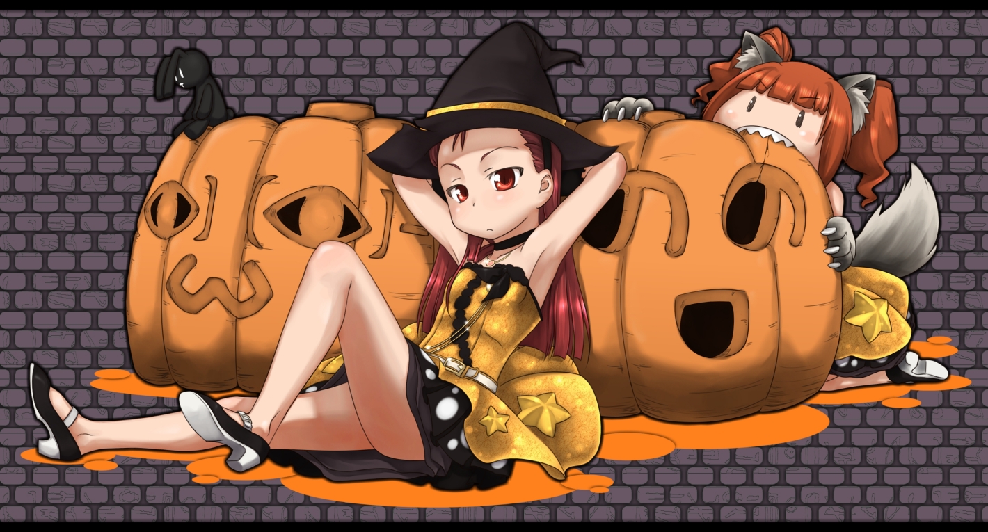 ttomm, minase iori, nonowa, takatsuki yayoi, idolmaster, idolmaster (classic), idolmaster 1, live for venus, 00s, 2girls, child, grey background, halloween, hat, high heels, jack-o'-lantern, multiple girls, pumpkin, shoes, twintails, werewolf, witch hat