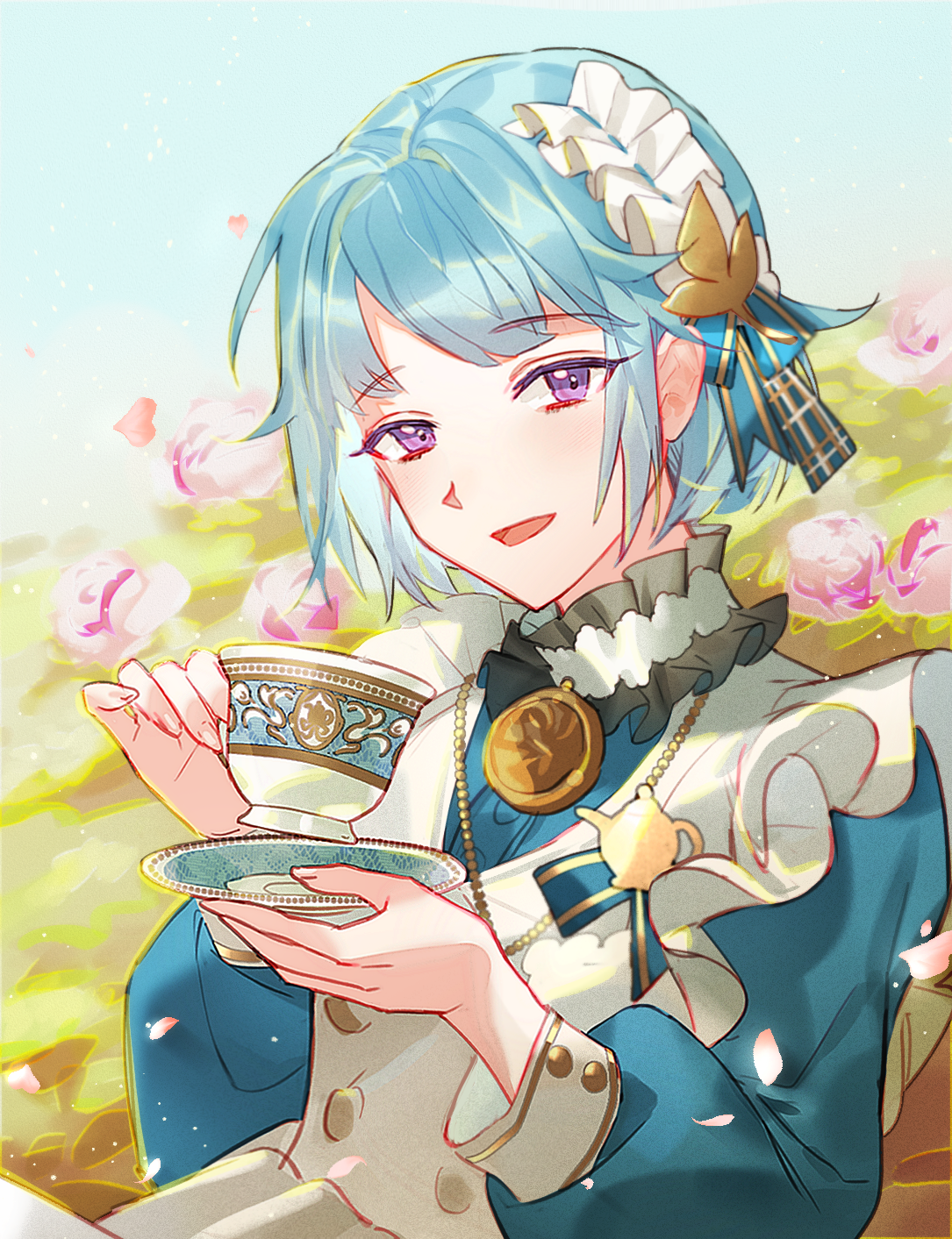 bamcream, shino hajime, ensemble stars!, commentary, english commentary, highres, mixed-language commentary, 1boy, apron, blue dress, blue hair, cup, dress, flower, hair ornament, holding, holding cup, holding saucer, long sleeves, looking at viewer, male focus, open mouth, pink flower, pink rose, purple eyes, rose, saucer, short hair, smile, solo, teacup, upper body, white apron