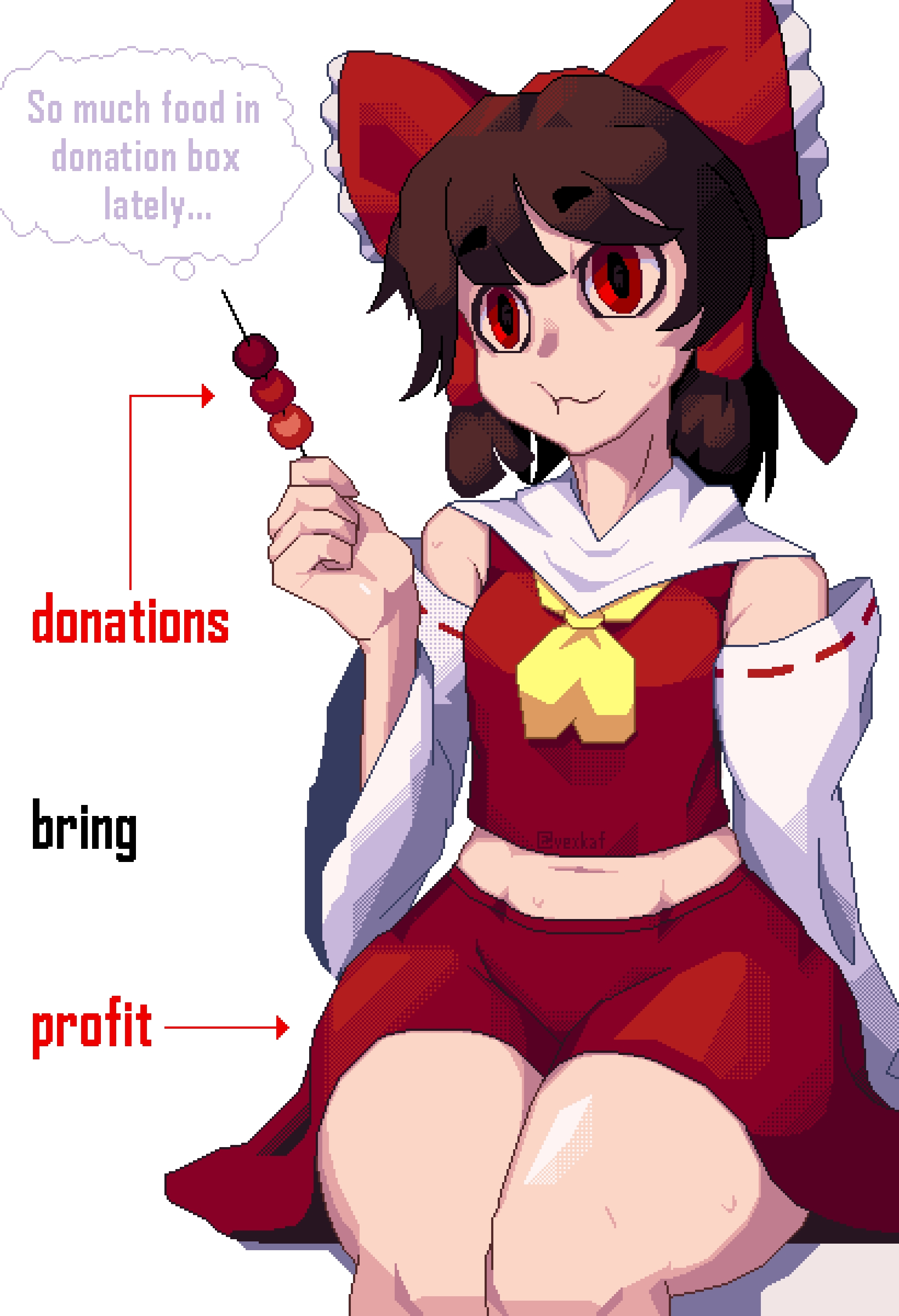 vexkaf, hakurei reimu, touhou, absurdres, highres, 1girl, ascot, bow, brown hair, dango, detached sleeves, eating, english text, food, frilled bow, frilled hair tubes, frills, hair tubes, pixel art, red bow, red eyes, red skirt, ribbon-trimmed sleeves, ribbon trim, sitting, skirt, skirt set, solo, thick thighs, thighs, wagashi, white background, yellow ascot