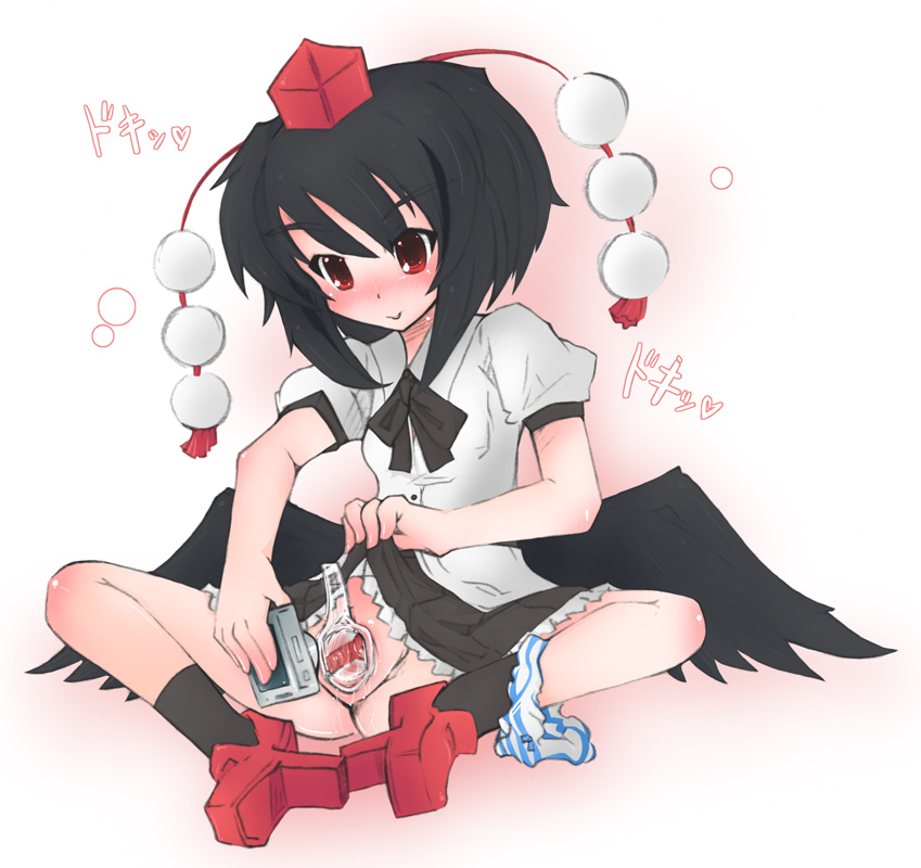 nakuru, shameimaru aya, touhou, striped, blush, camera, cervix, hat, panties, panties around leg, pussy, selfie, speculum, striped panties, uncensored, underwear