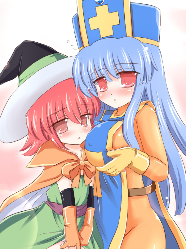 ry (yagoyago), mage (dq3), priest (dq3), dragon quest, dragon quest iii, square enix, 2girls, blush, bodysuit, bow, breast press, breasts, gloves, hat, large breasts, latex, latex gloves, long hair, mitre, multiple girls, red eyes, tabard