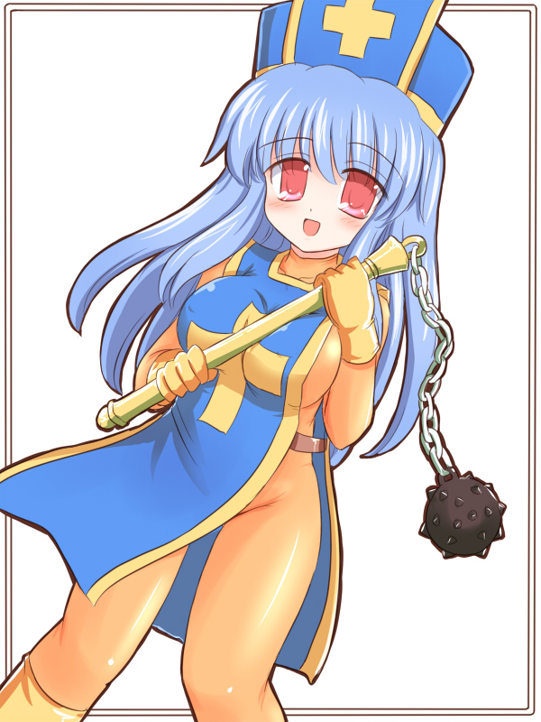 ry (yagoyago), priest (dq3), dragon quest, dragon quest iii, square enix, 1girl, blue hat, blue tabard, blush, bodysuit, boots, female focus, flail, hat, latex, long hair, mitre, open mouth, red eyes, solo, tabard, thigh gap, thighs, weapon