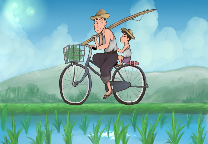 nohara ginnosuke, nohara hiroshi, crayon shin-chan, 2boys, bicycle, blue sky, farm, father and son, mountain, multiple boys, sky