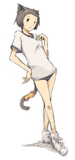 keiryou nikyaku, animal ears, black eyes, black hair, buruma, cat ears, cat tail, gym uniform, leaning, short hair, tail