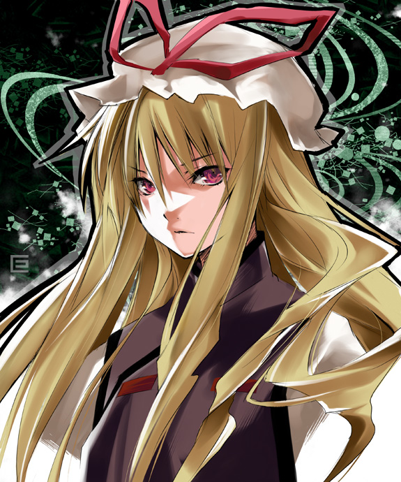 eretto, yakumo yukari, touhou, 1girl, blonde hair, female focus, hat, long hair, ribbon, solo, upper body