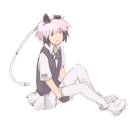 keiryou nikyaku, ropponmatsu 2, excel saga, lowres, 1990s (style), fingerless gloves, gloves, legs, multicolored hair, pink hair, retro artstyle, robot ears, short hair, sitting, skirt, smile, solo, sweater vest, thighhighs, two-tone hair, vest