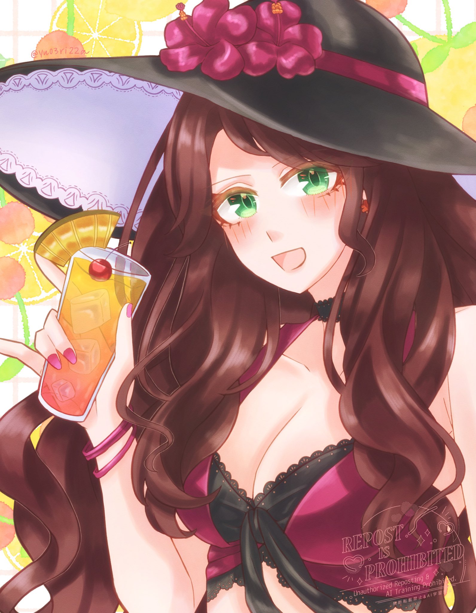 dorothea arnault, dorothea arnault (summer), fire emblem, fire emblem: three houses, fire emblem heroes, nintendo, 1girl, bikini, breasts, brown hair, cleavage, green eyes, hat, large breasts, long hair, looking at viewer, official alternate costume, open mouth, solo, swimsuit