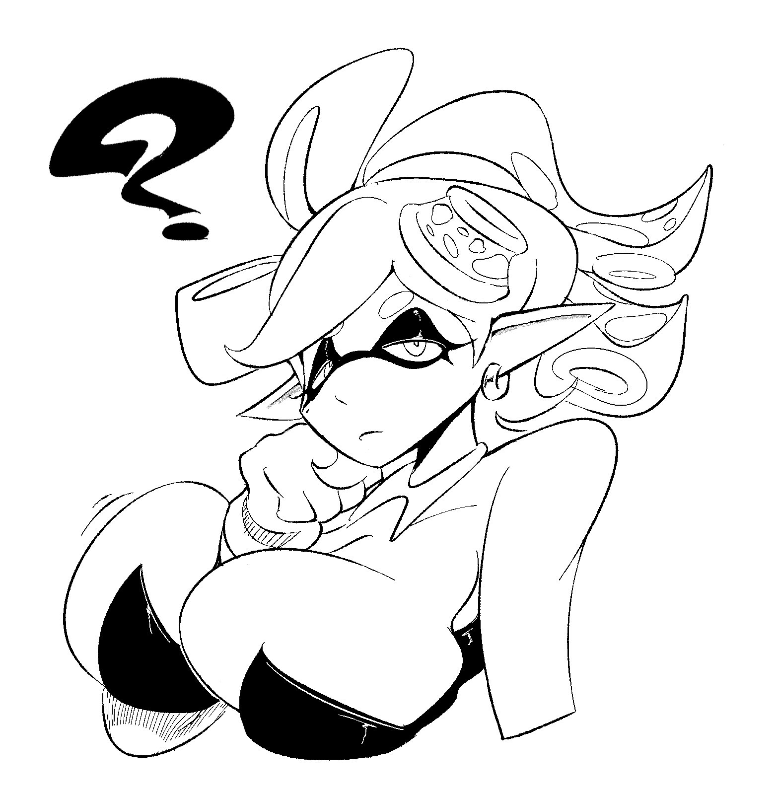 marie (splatoon), nintendo, splatoon (series), 1girl, arm between breasts, bananawithas, breasts, earrings, gloves, hair ornament, jewelry, large breasts, pointy ears, question mark print