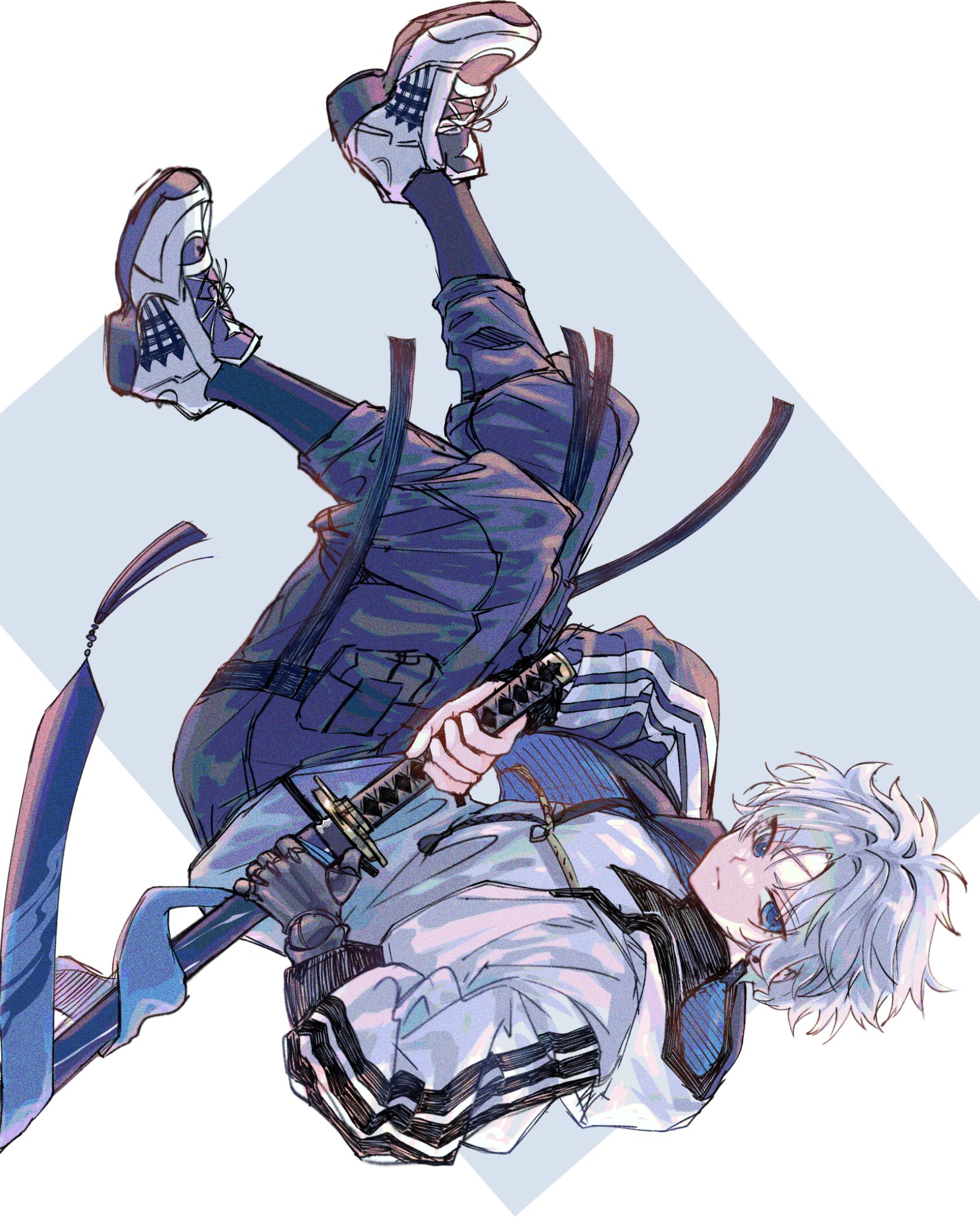 pipipiinat, fate/grand order, fate (series), highres, 1boy, blue eyes, holding, holding sword, holding weapon, hood, hoodie, katana, male focus, prosthesis, prosthetic arm, scar, scar on face, scar on forehead, shoes, sneakers, sword, toudou heisuke (fate), upside-down, weapon, white hair, white hoodie