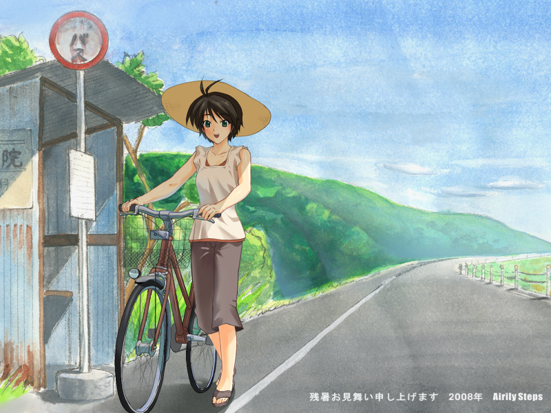 maachin, kikuchi makoto, idolmaster, idolmaster (classic), idolmaster 1, 00s, 1girl, 2008, antenna hair, bare shoulders, bicycle, blouse, blue eyes, blue sky, brown hair, bus stop, capri pants, day, female focus, flip-flops, hat, hill, looking at viewer, open mouth, outdoors, pants, road, road sign, sandals, shirt, sign, sky, sleeveless, slice of life, smile, solo, straw hat, sun hat, sunlight, watermark, white shirt, wide shot, zanshomimai