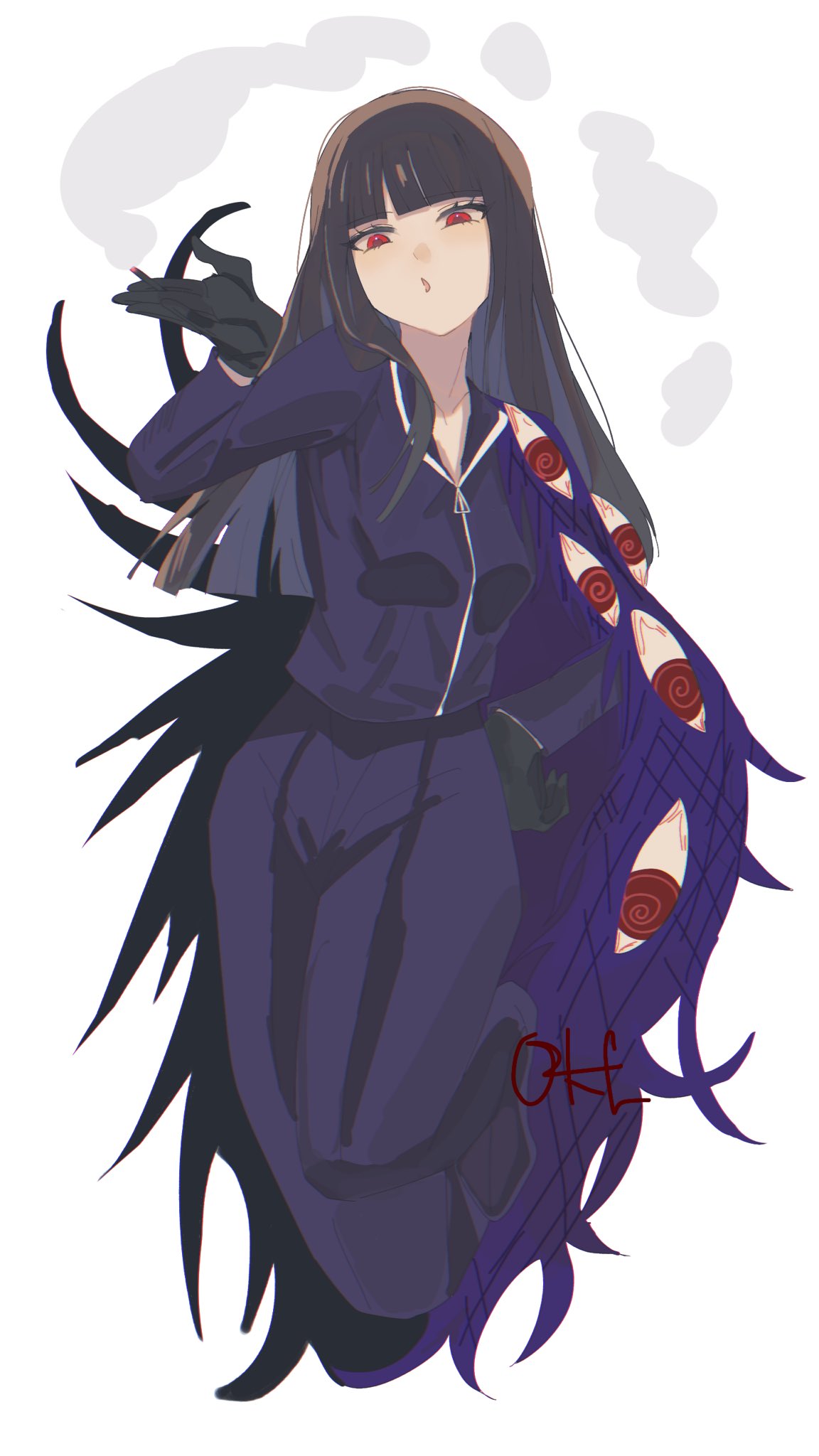 02kf, ryoshu (project moon), limbus company, project moon, highres, 1girl, black gloves, black hair, cigarette, e.g.o (project moon), eye print, gloves, jacket, long hair, looking at viewer, pants, purple jacket, purple pants, red eyes, red eyes (e.g.o), simple background, smoking, solo, standing, upper body, white background