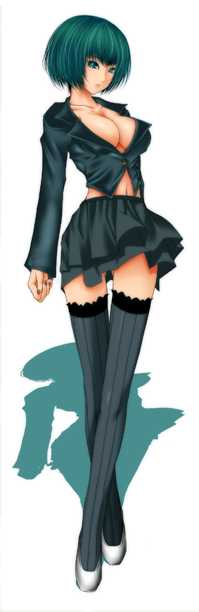 viola (seed), original, bad id, bad pixiv id, highres, long image, tall image, 1girl, blazer, blue eyes, bob cut, breasts, cleavage, female focus, fingernails, green hair, jacket, large breasts, short hair, skirt, solo, thighhighs