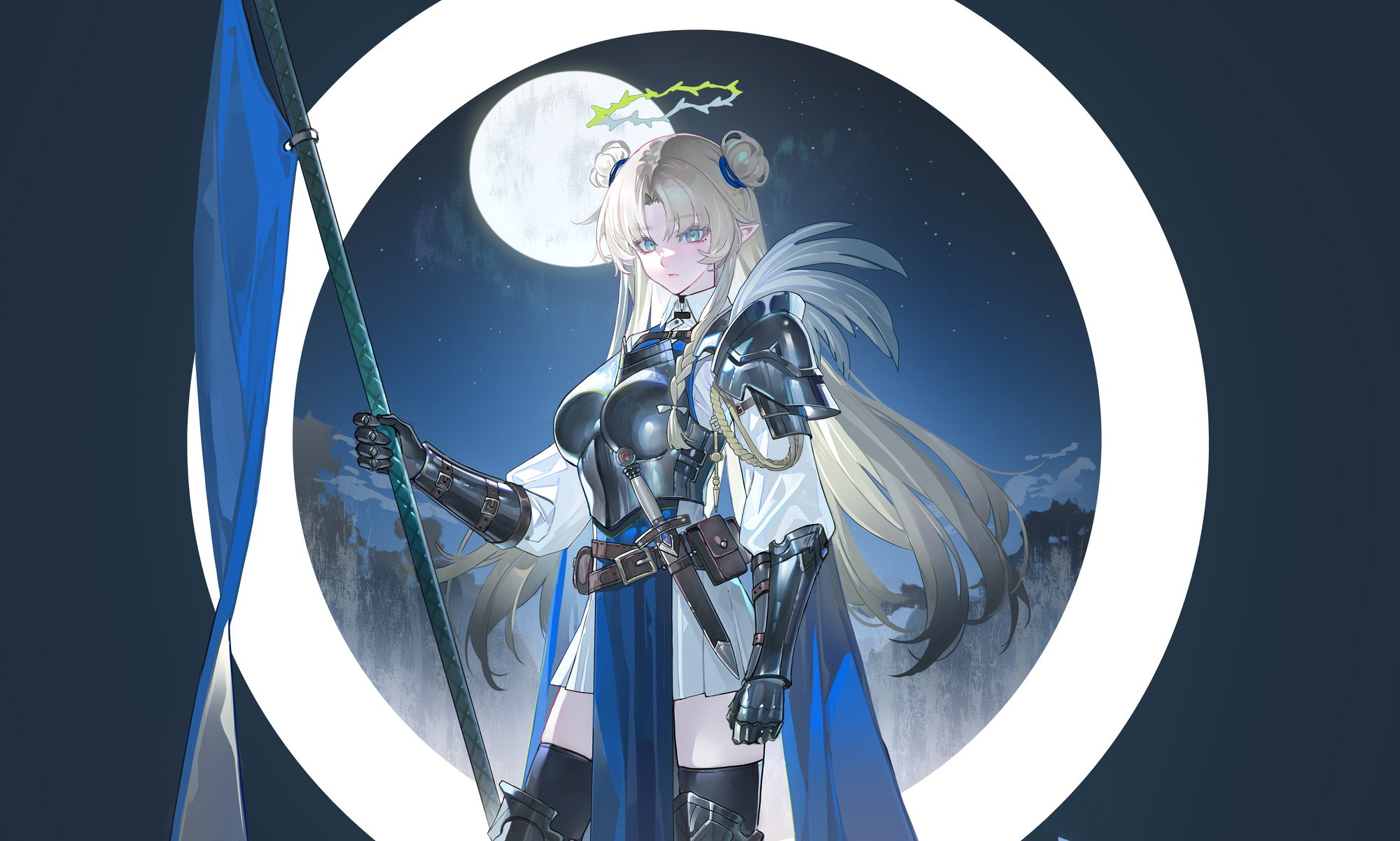 echj, original, commentary request, highres, 1girl, armor, black thighhighs, blue eyes, blue sky, breastplate, brown hair, closed mouth, cowboy shot, double bun, flag, full moon, gauntlets, hair bun, holding, holding flag, long hair, long sleeves, looking at viewer, moon, night, night sky, parted lips, pauldrons, pleated skirt, pointy ears, puffy long sleeves, puffy sleeves, shirt, shoulder armor, skirt, sky, solo, star (sky), starry sky, thighhighs, very long hair, white shirt, white skirt