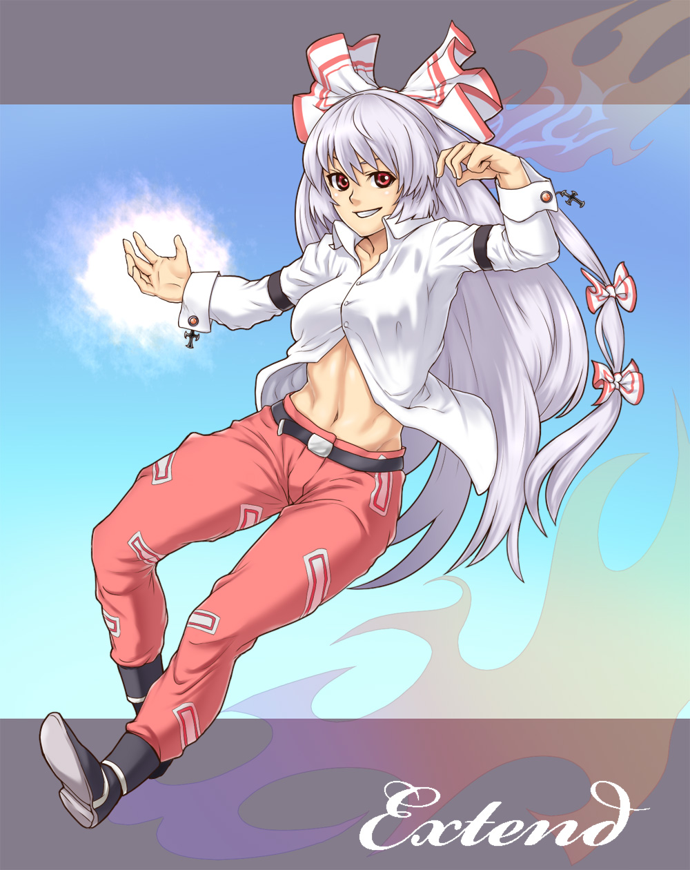 houtengeki, fujiwara no mokou, touhou, silver hair, highres, 1girl, female focus, fire, grin, hou takashi ji, long hair, midriff, navel, ribbon, shirt, smile, solo