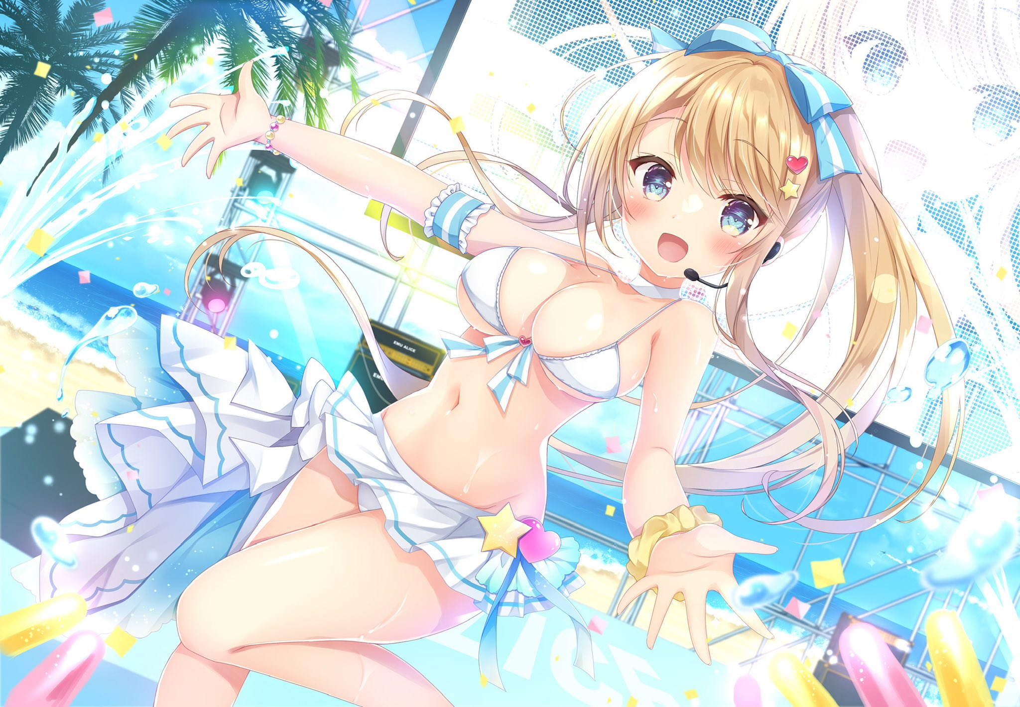 picpicgram, emu alice, liver city, commentary request, highres, second-party source, 1girl, beach, bikini, blonde hair, blue bow, blue eyes, blue sky, blush, bow, bracelet, breasts, cleavage, concert, dancing, hair bow, hair ornament, headset, heart, heart hair ornament, horizon, jewelry, long hair, looking at viewer, navel, ocean, outdoors, outstretched arms, palm tree, pleated skirt, skirt, sky, smile, solo, spread arms, standing, star (symbol), star hair ornament, summer, swimsuit, tree, underboob, water drop, white bikini, white skirt