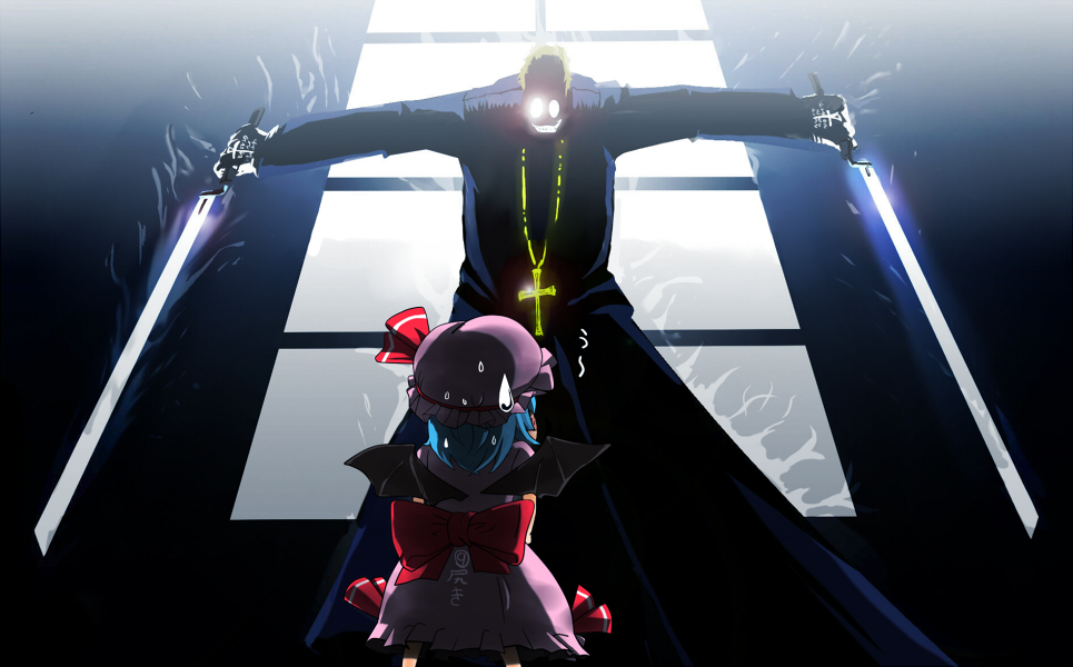 raptor (artist), alexander anderson, remilia scarlet, hellsing, touhou, bad id, bad pixiv id, 1boy, 1girl, circled 9, clothes writing, cross, crossover, dual wielding, grin, holding, jewelry, necklace, smile, sweatdrop, sword, uu~, weapon, you gonna get raped, yukkuri shiteitte ne