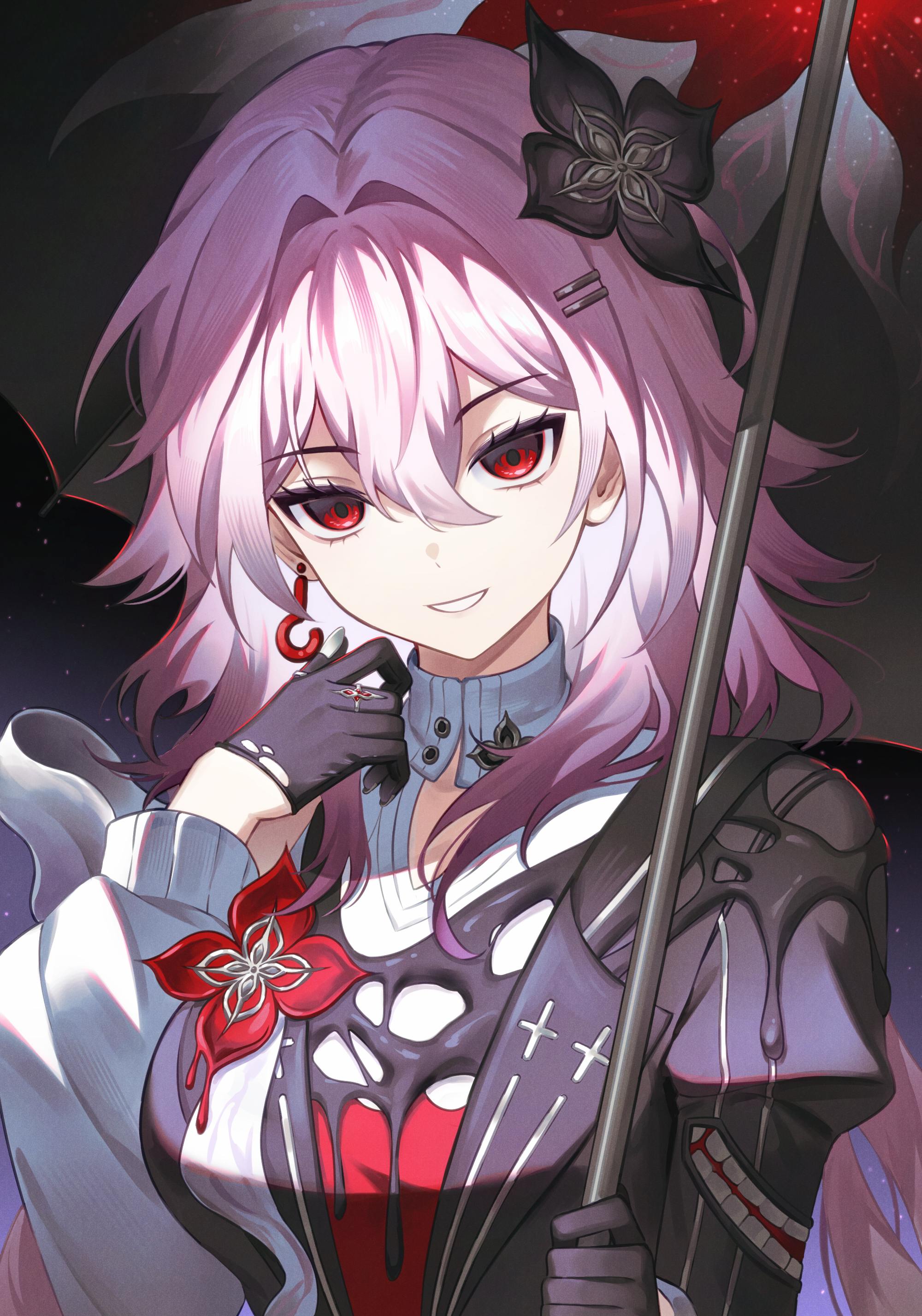 rio (rio773), evernight (honkai: star rail), march 7th (honkai: star rail), honkai: star rail, honkai (series), absurdres, commentary, highres, 1girl, black flower, black gloves, black umbrella, breasts, earrings, flower, gloves, hair between eyes, hair flower, hair intakes, hair ornament, hairclip, hand up, holding, holding umbrella, jewelry, long hair, looking at viewer, medium breasts, parallel hairclips, parted lips, pink hair, red eyes, red flower, single earring, smile, solo, umbrella, upper body