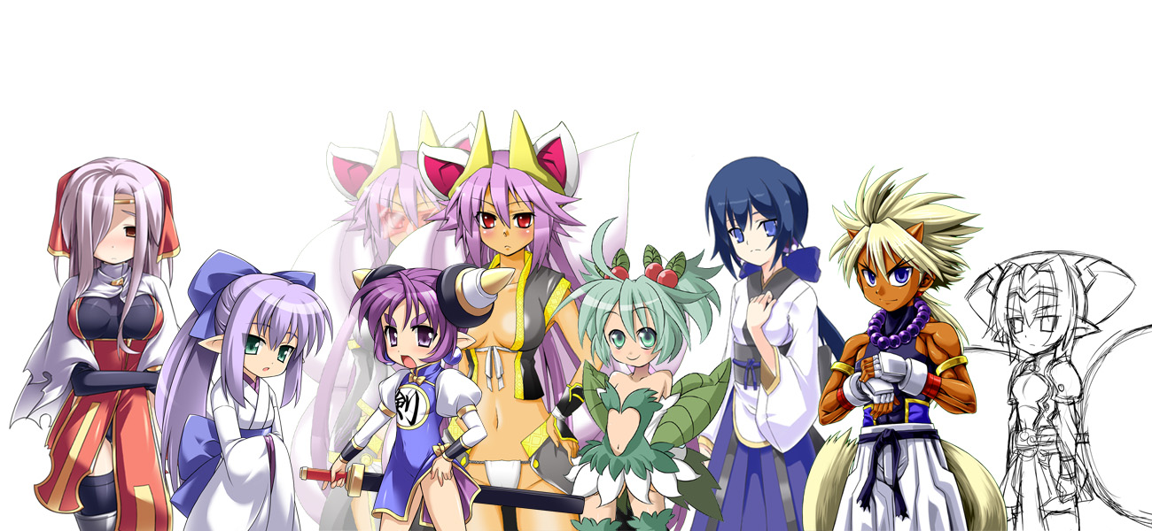 katami shinta, aoi (shinrabanshou), hellmatio, hisame (shinrabanshou), konoha (shinrabanshou), kuon (shinrabanshou), shaofei (shinrabanshou), tesshou, shinrabanshou, 1boy, 6+girls, blonde hair, blue eyes, blue hair, green eyes, green hair, horns, japanese clothes, long hair, monochrome, multiple girls, purple eyes, purple hair, red eyes, short hair, sword, weapon