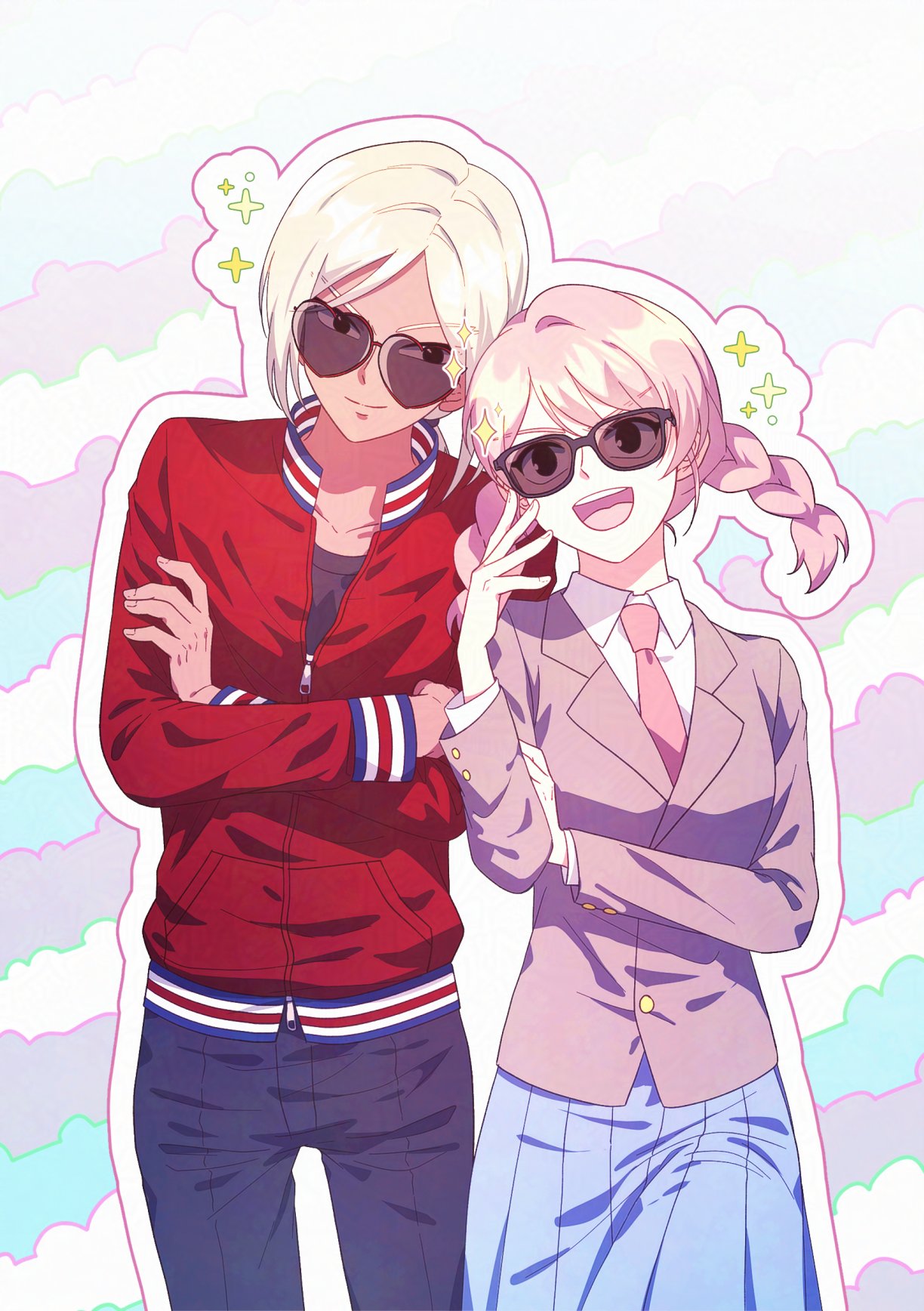 gouenji shuuya, gouenji yuuka, inazuma eleven (series), inazuma eleven go, highres, 1boy, 1girl, black eyes, blonde hair, blue skirt, brother and sister, brown jacket, denim, gguck, jacket, jeans, necktie, pants, pink hair, pleated skirt, red jacket, shirt, siblings, skirt, smile, sparkle, sunglasses, tan, white shirt