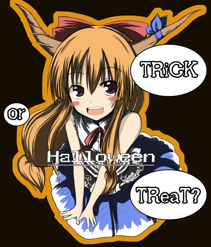 lock heart (juuryokudou), ibuki suika, touhou, bad id, bad pixiv id, 1girl, bow, bowtie, brown hair, chain, fang, female focus, hair ribbon, halloween, horns, long hair, low-tied long hair, purple eyes, ribbon, solo, trick or treat