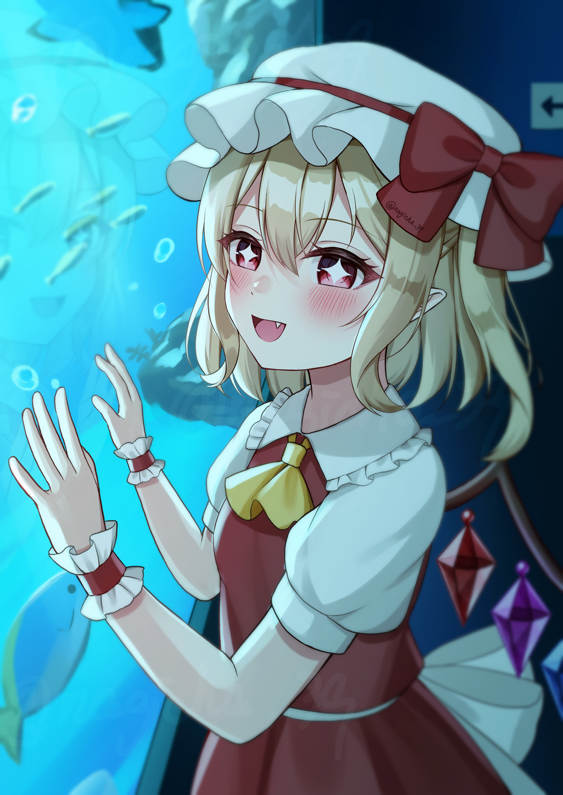 nagicha, flandre scarlet, touhou, absurdres, highres, + +, 1girl, against glass, aquarium, ascot, blonde hair, breasts, crystal wings, excited, fang, from side, hand on glass, hands up, happy, hat, hat ribbon, indoors, medium hair, red eyes, red ribbon, red skirt, red vest, ribbon, shirt, side ponytail, skirt, small breasts, solo, vest, white shirt, wings, yellow ascot