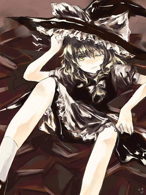 fori, kirisame marisa, touhou, 1girl, blonde hair, book, bow, braid, female focus, hair ribbon, hat, hat bow, long hair, oekaki, one eye closed, ribbon, single braid, solo, tears, wink, witch, witch hat, yellow eyes