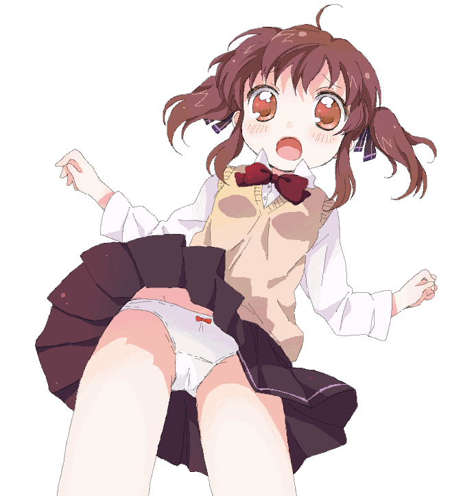 namori, original, bad id, bad pixiv id, 1girl, blush, bow, bowtie, brown hair, female focus, oekaki, orange eyes, panties, pantyshot, school uniform, sidelocks, skirt, solo, sweater, twintails, underwear, upskirt, white panties, wind, wind lift