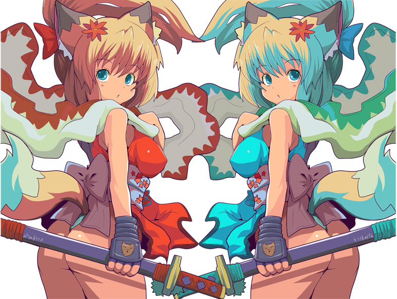 ryuno, 2girls, animal ears, ass, blonde hair, blue eyes, blush, fingerless gloves, flower, fox ears, fox tail, gloves, looking at viewer, multiple girls, obi, palette swap, sash, scarf, short hair, sword, symmetry, tail, weapon