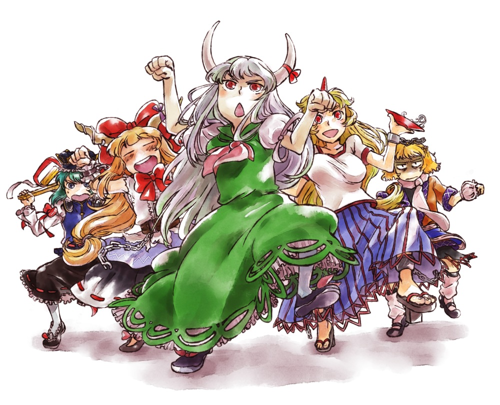 yukataro, ex-keine, hoshiguma yuugi, ibuki suika, kamishirasawa keine, michael jackson, mizuhashi parsee, shiki eiki, thriller (michael jackson), touhou, bad id, bad pixiv id, 5girls, alcohol, blush, closed eyes, cup, dancing, female focus, horns, multiple girls, parody, rod of remorse, sakazuki, sake, single horn