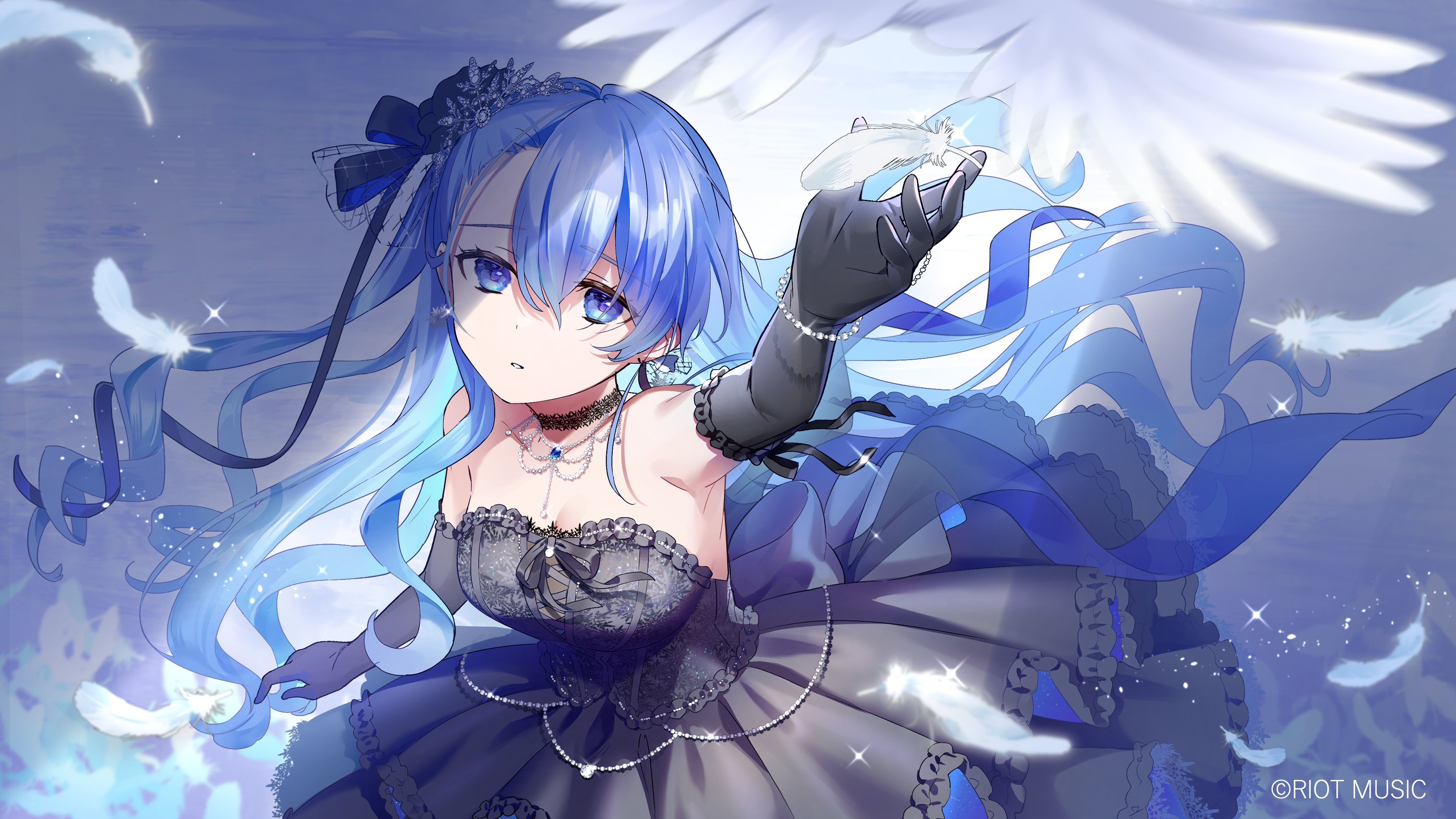 chipochopo324, nagihara suzuna, riot music, absurdres, highres, official art, 1girl, black dress, black gloves, blue eyes, blue hair, copyright name, dress, elbow gloves, feathers, gloves, hair ornament, hand up, layered dress, long hair, outstretched arm, reaching, strapless, strapless dress, virtual youtuber