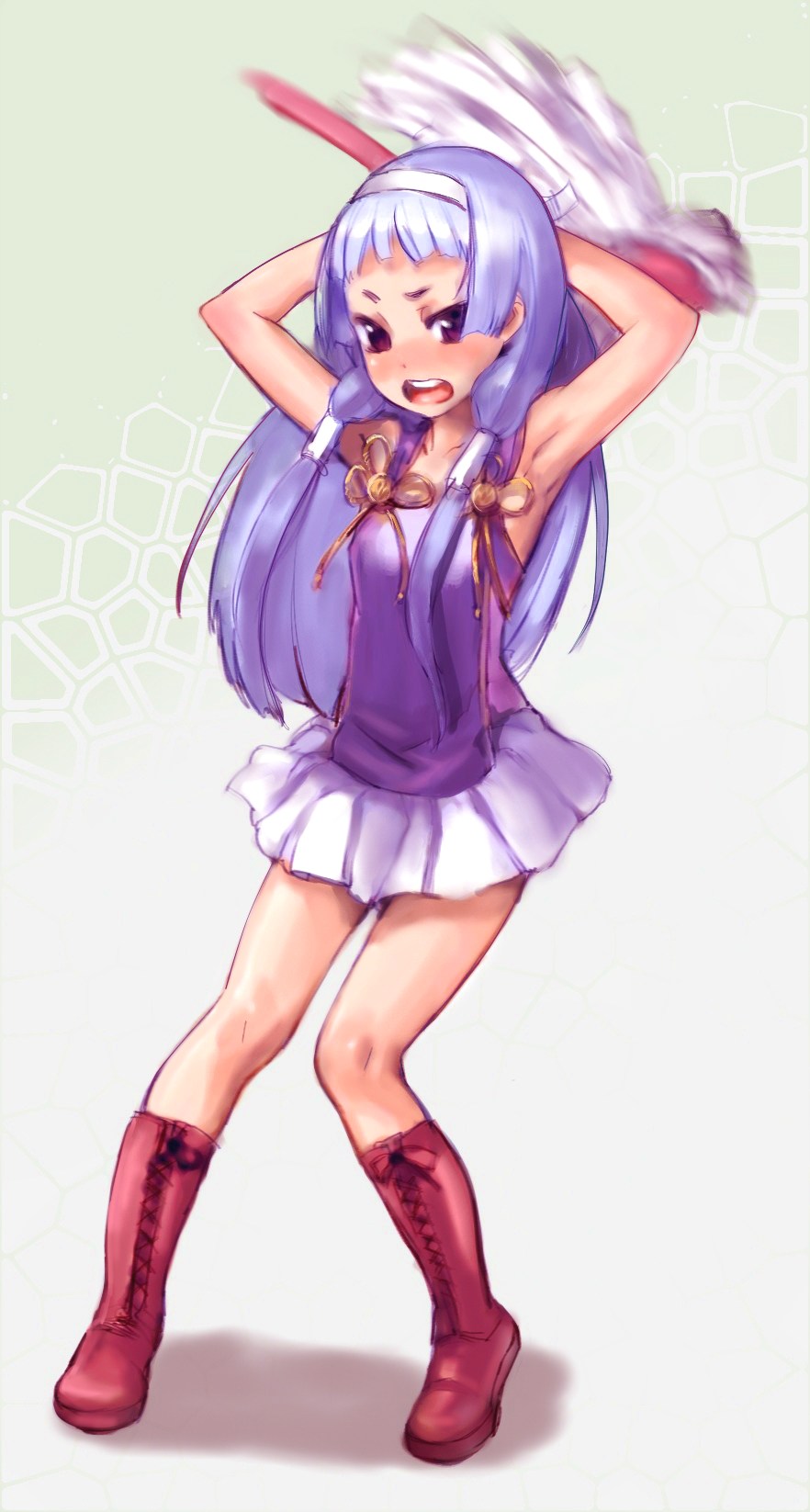 bow (bhp), nagi, kannagi, highres, 00s, 1girl, armpits, blue hair, blunt bangs, boots, female focus, hair tubes, legs, long hair, motion blur, pleated skirt, purple eyes, skirt, solo, wand, white skirt