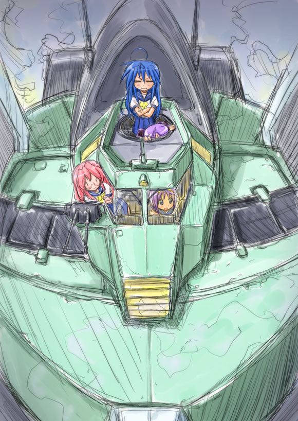 hiiragi kagami, hiiragi tsukasa, izumi konata, takara miyuki, walker gallia, lucky star, sentou mecha xabungle, xabungle, 00s, 4girls, = =, ahoge, blue eyes, blue hair, blush, closed eyes, crossed arms, crossover, gun, long hair, mecha, multiple girls, open mouth, pink hair, purple hair, ribbon, robot, school uniform, serafuku, short hair, siblings, sisters, smile, sweatdrop, twins, walker (robot), walker machine, weapon