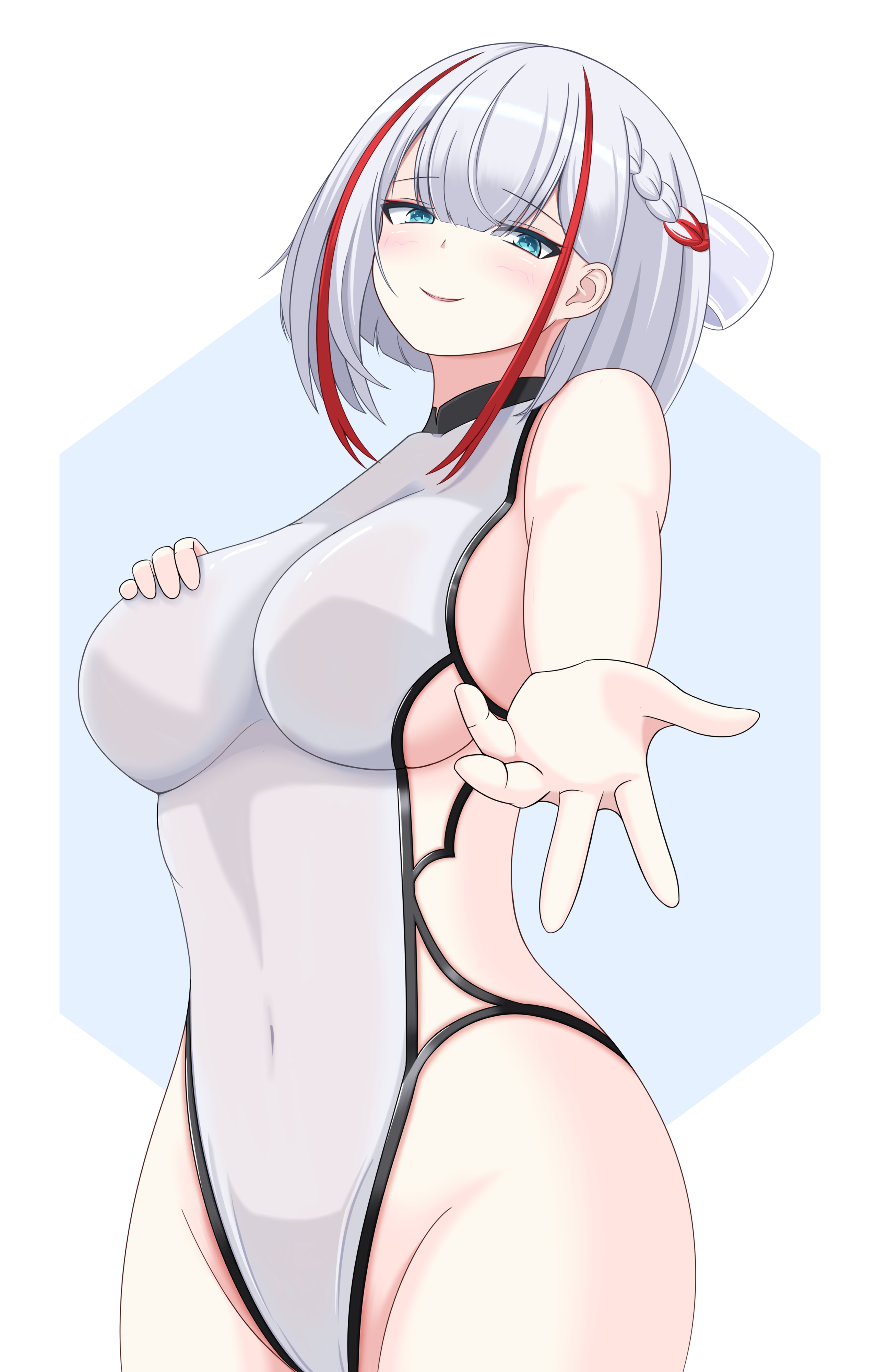 asagiri mito, i-404 (azur lane), azur lane, absurdres, highres, 1girl, backless swimsuit, bare shoulders, blue eyes, blush, braid, breasts, covered navel, eyeshadow, from below, groin, hair between eyes, half-closed eyes, hand on own chest, hand up, highleg, highleg one-piece swimsuit, hip focus, large breasts, looking at viewer, looking down, makeup, medium hair, multicolored hair, one-piece swimsuit, parted lips, reaching, reaching towards viewer, red eyeshadow, red hair, sideboob, skin tight, smug, solo, standing, streaked hair, swimsuit, thighs, two-tone hair, underboob, white hair