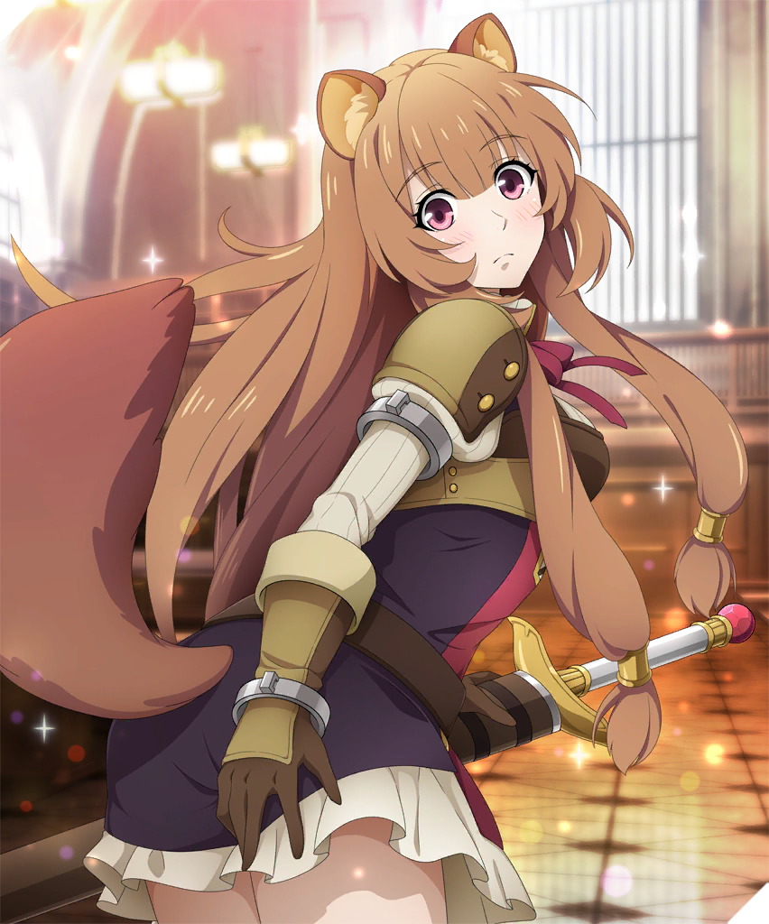 raphtalia, tate no yuusha no nariagari, trinity seven, artist request, official art, third-party source, 1girl, animal ear fluff, animal ears, armor, belt, black dress, breastplate, breasts, brown belt, brown hair, closed mouth, cowboy shot, dress, eyelashes, from behind, indoors, layered dress, leather armor, light blush, light frown, long hair, looking at viewer, looking back, medium breasts, metal arm cuffs, metal hair tubes, metal wrist cuffs, neck ribbon, pauldrons, pink eyes, pinstripe dress, pinstripe pattern, raccoon ears, raccoon girl, raccoon tail, red dress, red ribbon, ribbon, scabbard, sheath, sheathed, short dress, shoulder armor, solo, sparkle, standing, striped clothes, striped dress, sword, tail, two-tone dress, weapon, white dress