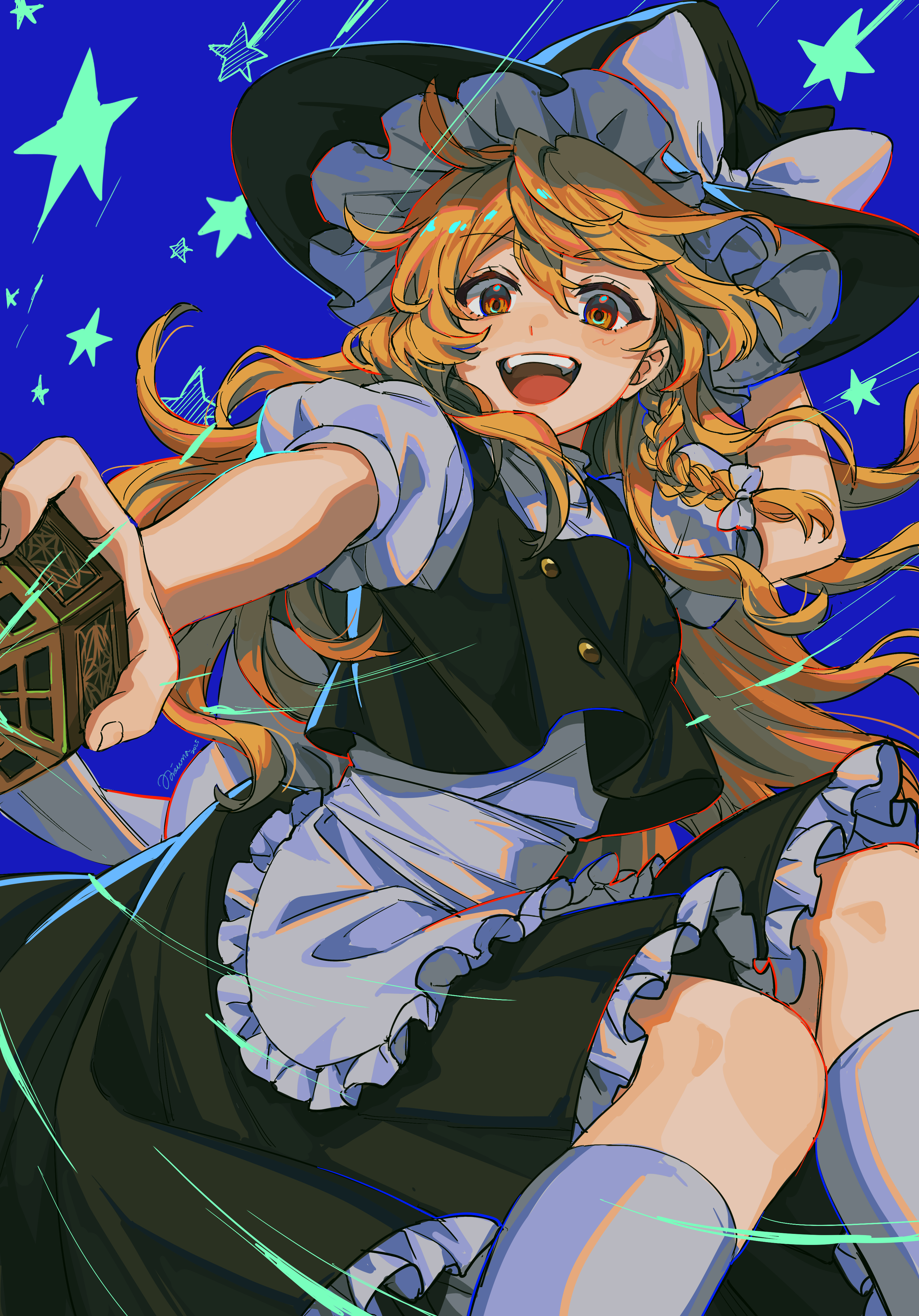 noriuma, kirisame marisa, touhou, absurdres, highres, 1girl, :d, apron, black hat, black skirt, black vest, blonde hair, blue background, bow, braid, frilled skirt, frills, hair between eyes, hair bow, hand on headwear, hat, hat bow, kneehighs, long hair, looking at viewer, mini-hakkero, open mouth, outstretched arm, puffy short sleeves, puffy sleeves, shirt, short sleeves, single braid, skirt, smile, socks, solo, star (symbol), teeth, upper teeth only, very long hair, vest, waist apron, white apron, white bow, white shirt, white socks, witch hat, yellow eyes