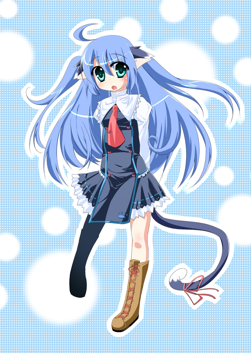 alfred (artist), original, highres, animal ears, blue hair, boots, dress, long hair, solo, tail