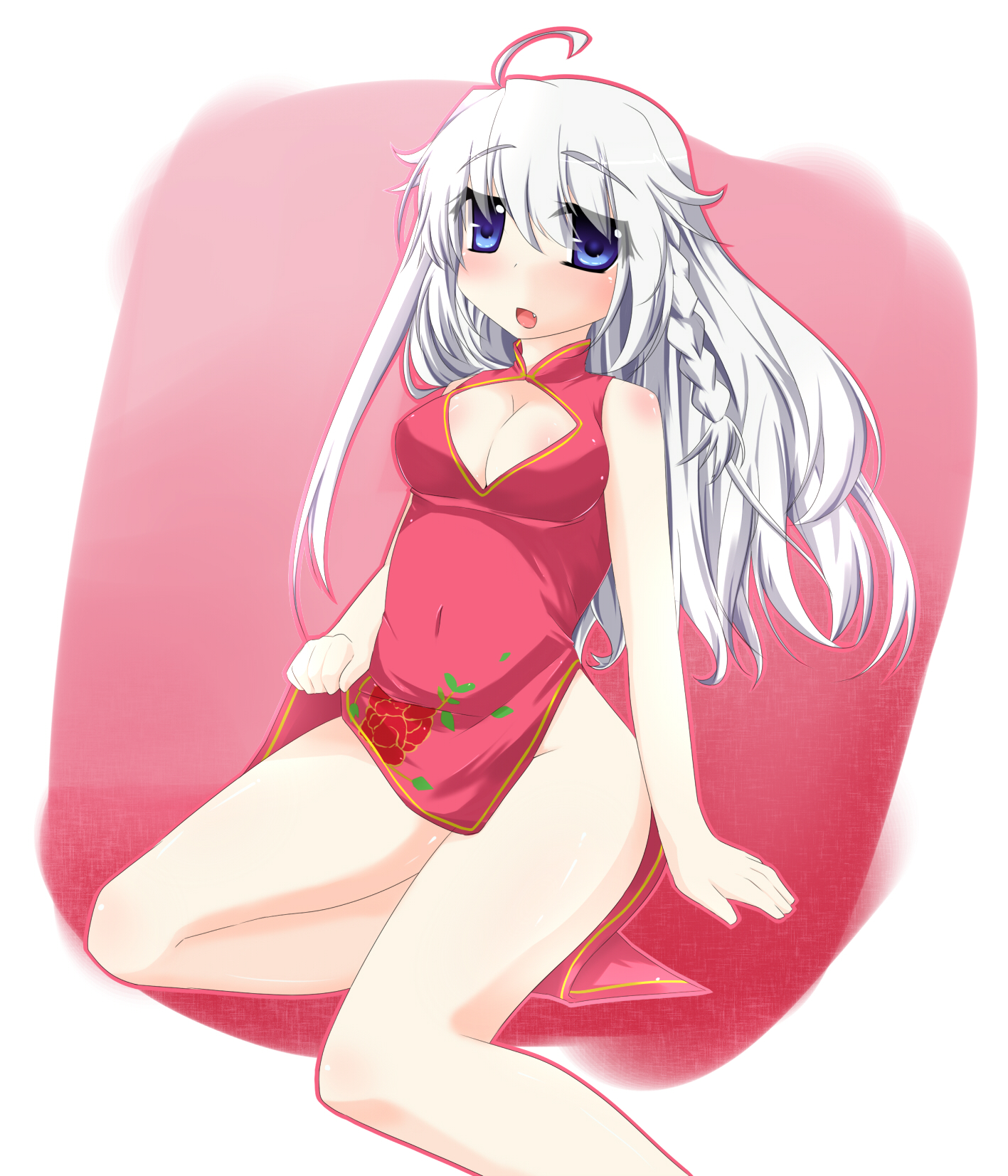 alfred (artist), arin (pangya), pangya, silver hair, highres, 1girl, ahoge, blue eyes, breasts, china dress, chinese clothes, cleavage, dress, female focus, legs, long hair, solo
