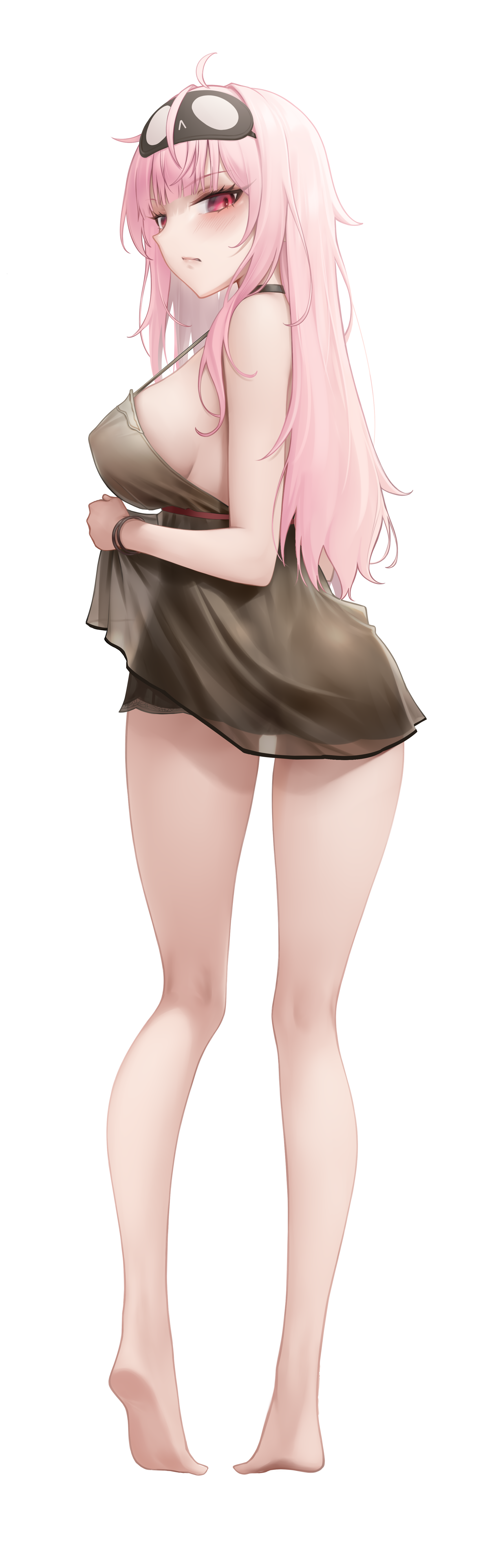 somebody (leiking00), mori calliope, mori calliope (sleepwear), hololive, hololive english, absurdres, commentary, english commentary, highres, paid reward available, 1girl, bare shoulders, barefoot, black choker, black nightgown, blunt bangs, breasts, choker, clenched teeth, covered erect nipples, empire waist, eye mask, eyes out of frame, from behind, full body, head out of frame, large breasts, long hair, looking at viewer, looking back, mask, mask on head, messy hair, nightgown, official alternate costume, parted lips, pink eyes, pink hair, pink lips, red ribbon, ribbon, see-through silhouette, sideboob, simple background, soles, solo, teeth, thighs, virtual youtuber, white background