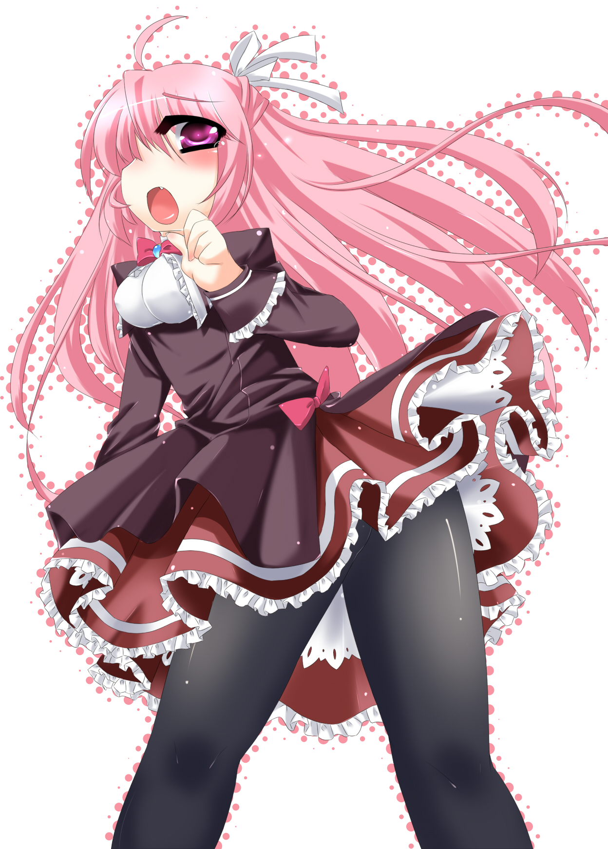 alfred (artist), original, bad id, bad pixiv id, highres, fang, long hair, pantyhose, pink hair, solo, upskirt