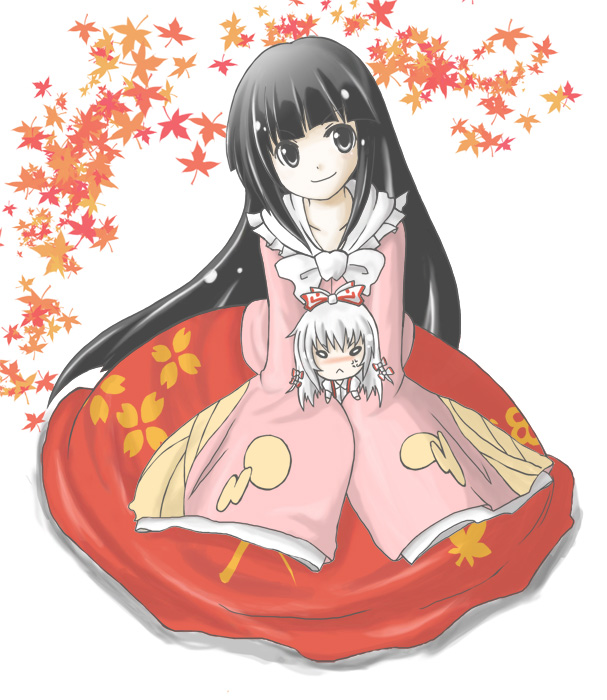 ginruri, fujiwara no mokou, houraisan kaguya, touhou, 2girls, autumn leaves, black eyes, blouse, blunt bangs, female focus, full body, leaf, long hair, long sleeves, multiple girls, red skirt, seiza, shirt, sidelocks, simple background, sitting, skirt, very long hair, white background