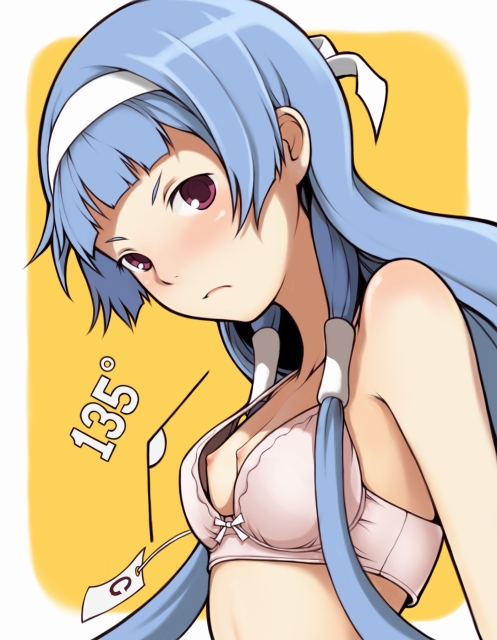 ina (gokihoihoi), nagi, kannagi, 00s, 1girl, angle, blue hair, blunt bangs, blush, border, bra, breasts, female focus, geometry, hair tubes, hairband, lingerie, long hair, looking at viewer, math, nipple slip, nipples, outside border, oversized breast cup, oversized clothes, red eyes, sideboob, simple background, small areolae, small breasts, small nipples, solo, underwear, white background, white border, yellow background