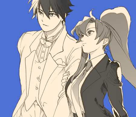 kanke (yonkuma), simon (ttgl), yoko littner, tengen toppa gurren lagann, bad id, bad pixiv id, lowres, 00s, 1boy, 1girl, blue background, formal clothes, monochrome, tuxedo