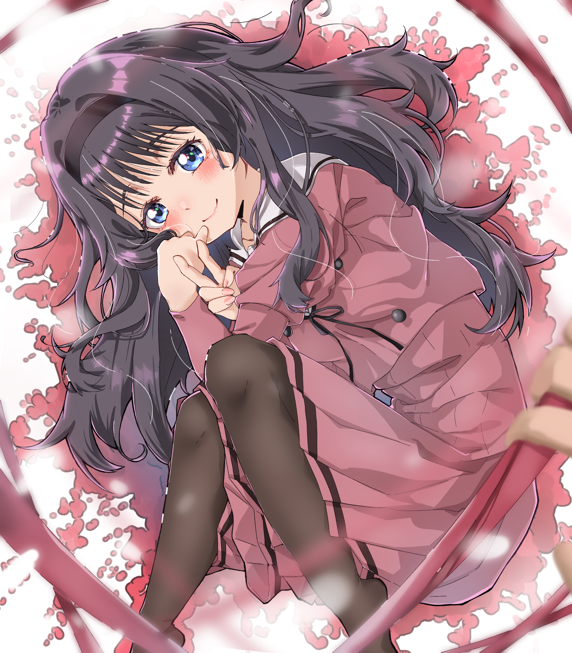 aokaly, waguri kaoruko, kaoru hana wa rin to saku, absurdres, commentary, highres, 1girl, black hair, black hairband, black pantyhose, blue eyes, blush, closed mouth, feet out of frame, hairband, kikyo private academy school uniform, long hair, long sleeves, looking at viewer, lying, nail polish, on side, pantyhose, pink serafuku, pink shirt, pink skirt, pleated skirt, school uniform, serafuku, shirt, skirt, smile, solo, v