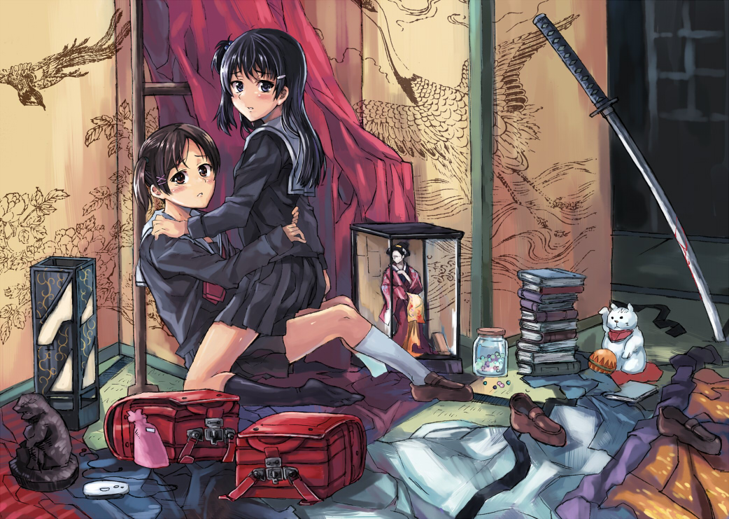 kno1, kurayama aya, kurayama saya, meishoujo, bad id, bad pixiv id, 2girls, aged up, backpack, bag, black hair, brown hair, feet, hair bobbles, hair ornament, hug, katana, kneeling, long hair, multiple girls, one side up, randoseru, school bag, school uniform, serafuku, side ponytail, sitting, skirt, socks, sword, weapon, yuri